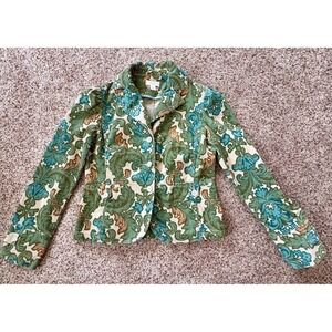 Ann Taylor LOFT Floral Corduroy Jacket Blazer Sz 6 Green Teal Classic Boho Artsy